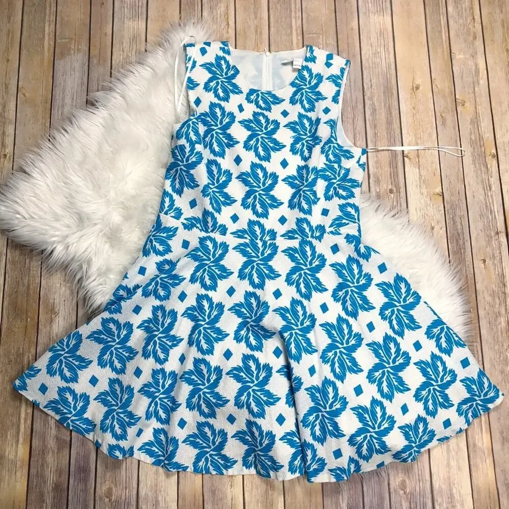 Diane von Furstenberg Women's Jeanie Giant Leaf Floral Blue Dress Size 14 - Picture 3 of 6